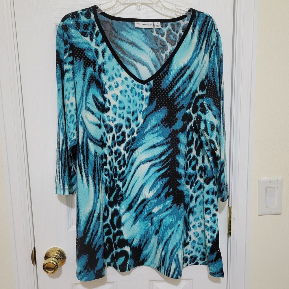 Susan Graver 1X Blue Black Animal Print Sequin V-Neck 3/4 Sleeve Top Tunic